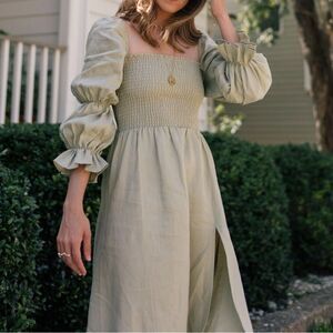 Reformation Hyland Green Linen Smocked Midi Dress Medium